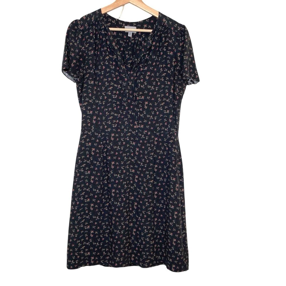 Jigsaw Tea Dress Black Green Pink Ditsy Floral V-Neck Size 8